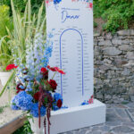 Vor einer Steinmauer steht eine große Dinner-Tafel mit floraler Verzierung in Blau, Rot und Weiß neben einem üppigen Blumenarrangement.