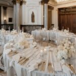 Große Hochzeitstafel mit weißen Decken, goldfarbenem Besteck und Kerzen in einem hellen Saal mit Marmorsäulen.
