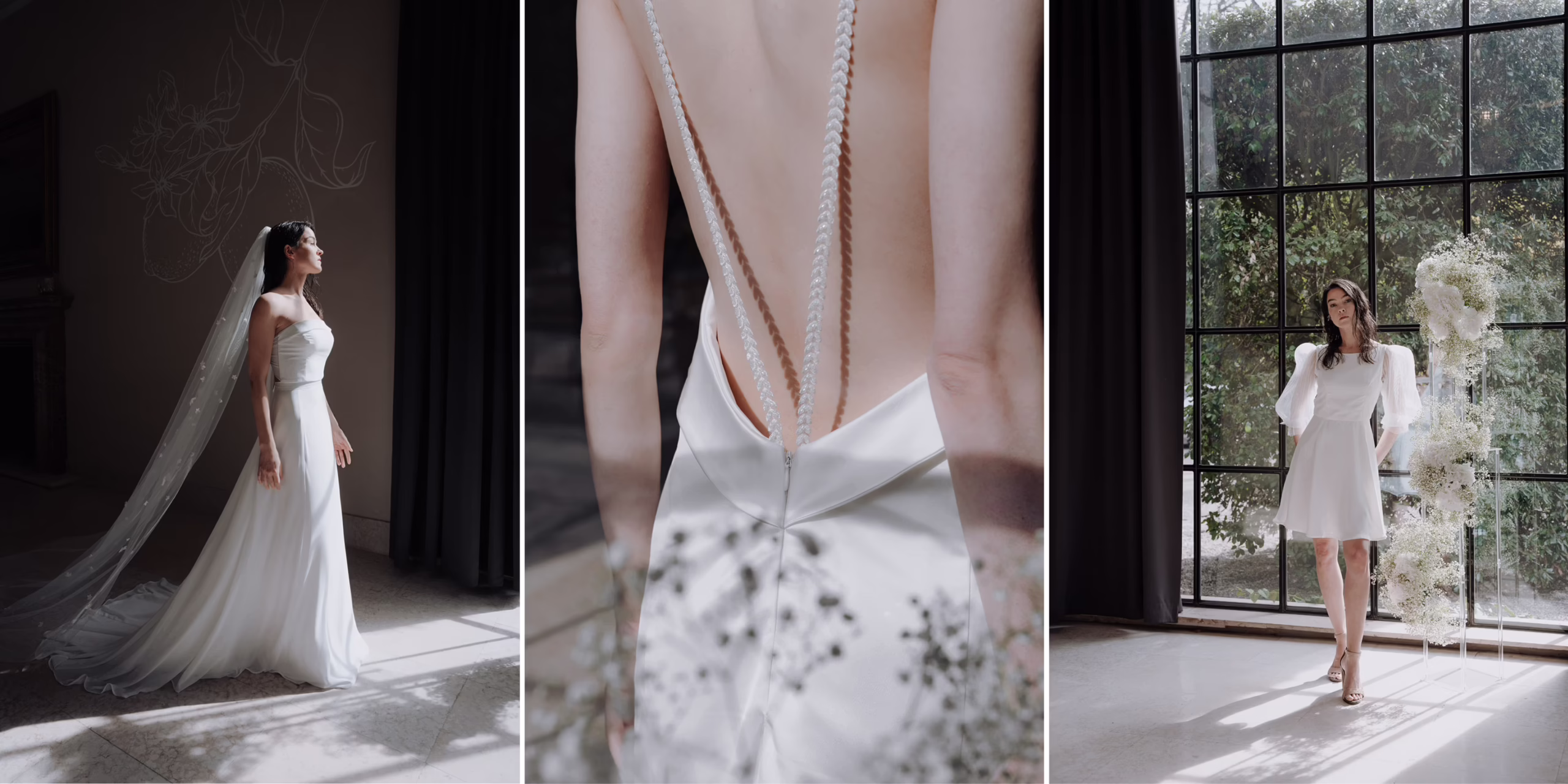 Eine Braut trägt ein schlichtes weißes Kleid mit langem Schleier; daneben zeigen sich ein feines Rückendetail und ein kurzes Kleid.
